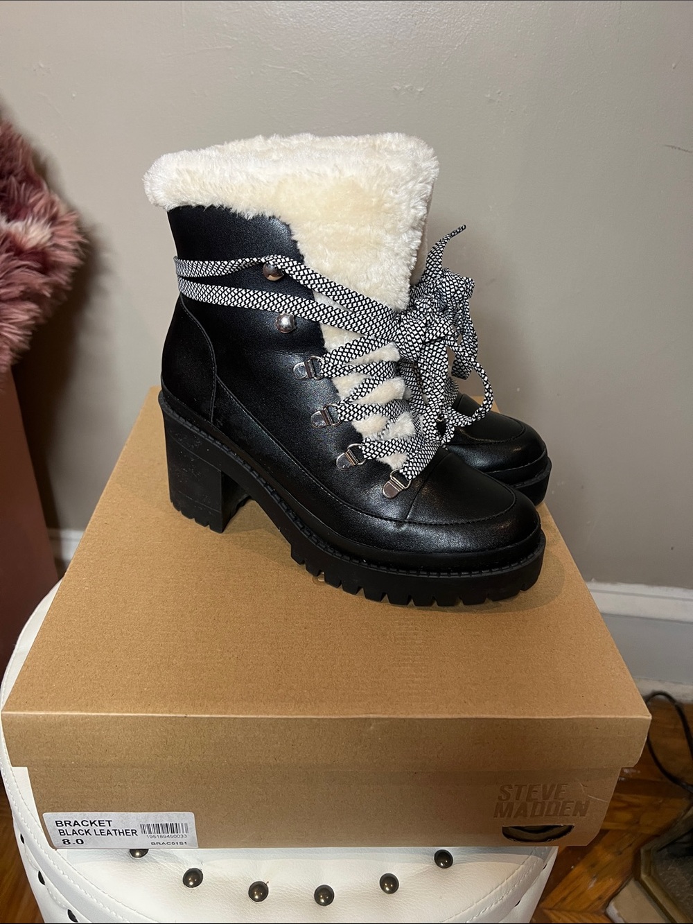 Steve Madden Black Lace-Up Heeled Boot with Cream Faux-Shearling Collar